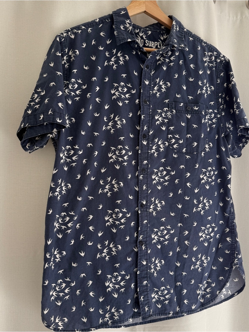 Blue Navy Short-Sleeve Button-Down Shirt with White Swallow Print Mossimo medium